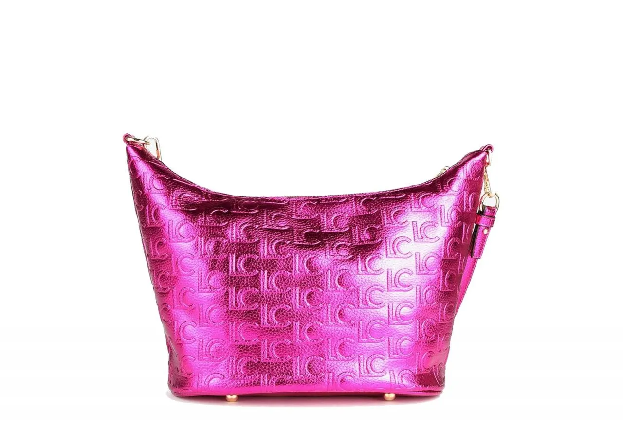 Bolso Metalizado Fuxia Grabado Monograma Logo Oro