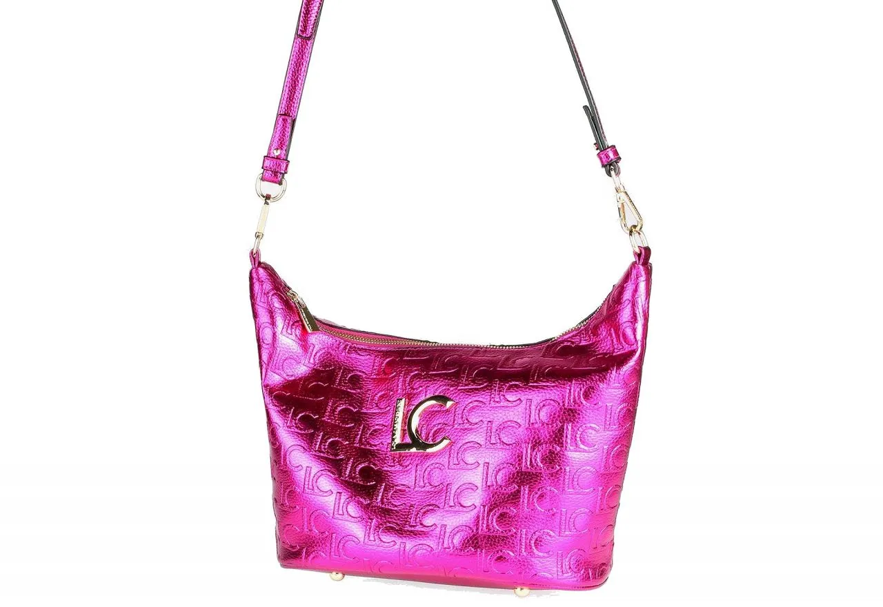 Bolso Metalizado Fuxia Grabado Monograma Logo Oro