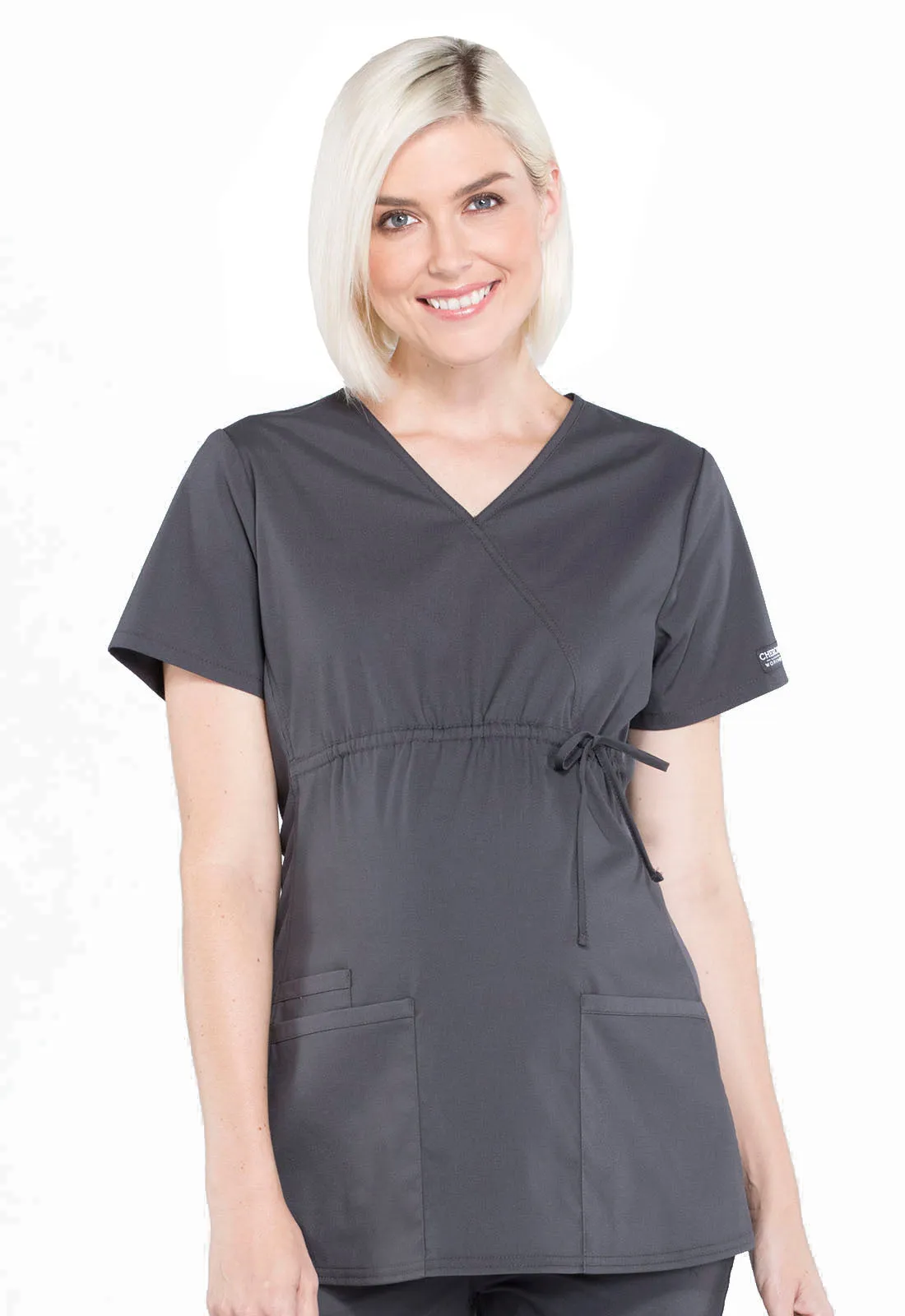 Cherokee Professionals Mock Wrap Maternity Top  in Pewter