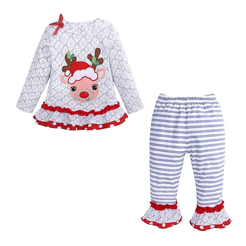 Christmas Children's Clothing Girls' Long-Sleeved Elk Top + Striped Trousers Suit