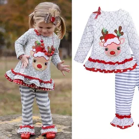 Christmas Children's Clothing Girls' Long-Sleeved Elk Top + Striped Trousers Suit