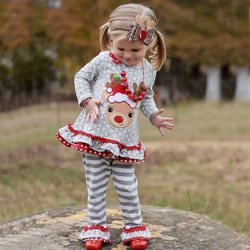 Christmas Children's Clothing Girls' Long-Sleeved Elk Top + Striped Trousers Suit