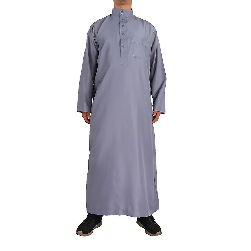 Men's Islamic Saudi Muslim Long Robe Dubai ArabicTunic Top Blouse Thobe Kaftan Clothing Grey