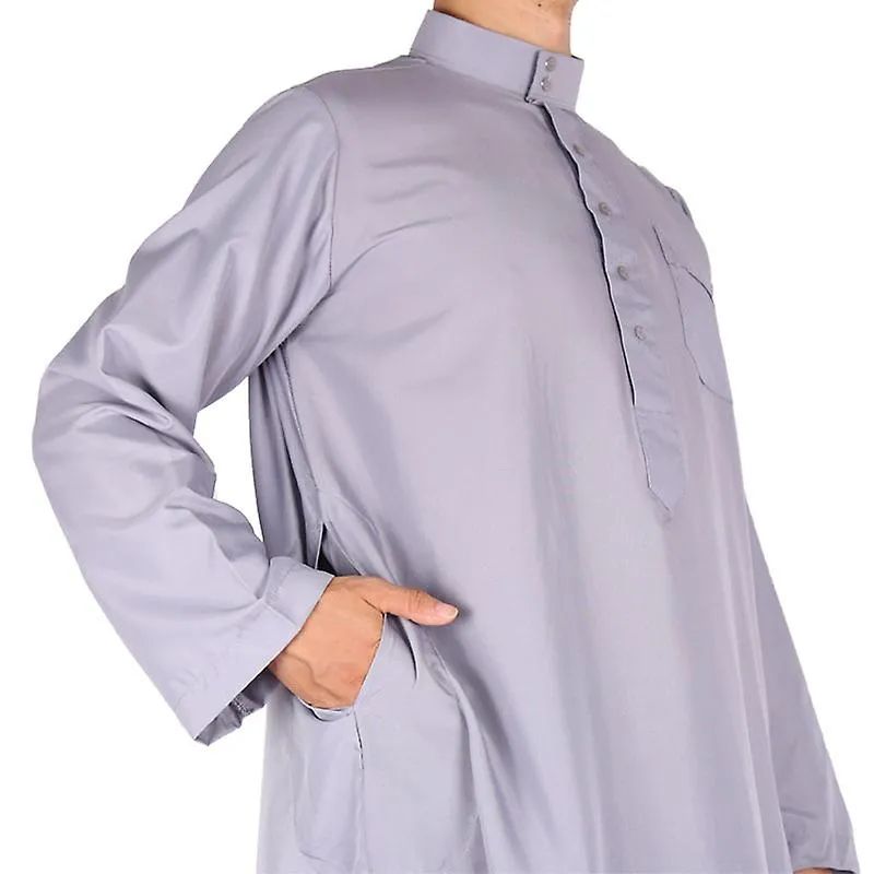 Men's Islamic Saudi Muslim Long Robe Dubai ArabicTunic Top Blouse Thobe Kaftan Clothing Grey