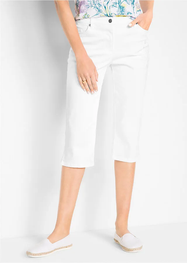 Pantalón capri de algodón con cintura cómoda y aberturas laterales Blanco