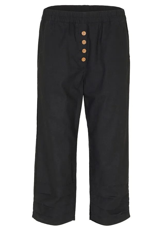 Pantalón de talle alto y largo 3/4 con lino y cintura cómoda Negro