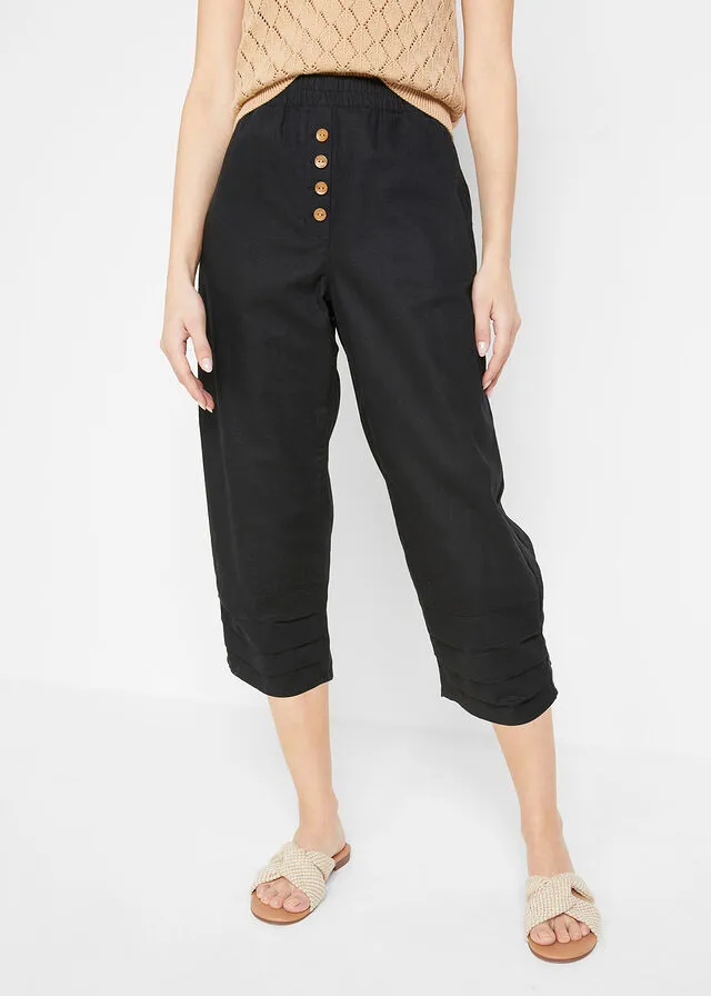 Pantalón de talle alto y largo 3/4 con lino y cintura cómoda Negro