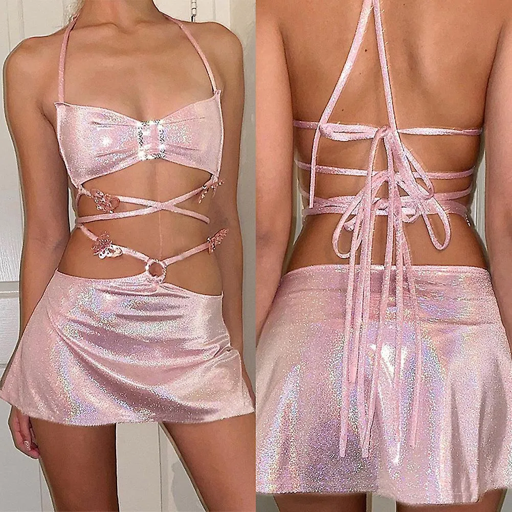 Shiny Silk Halter Back And Umbilical Skirt Crop Top Two Piece Set Pink Backless Mini Sexy Dress