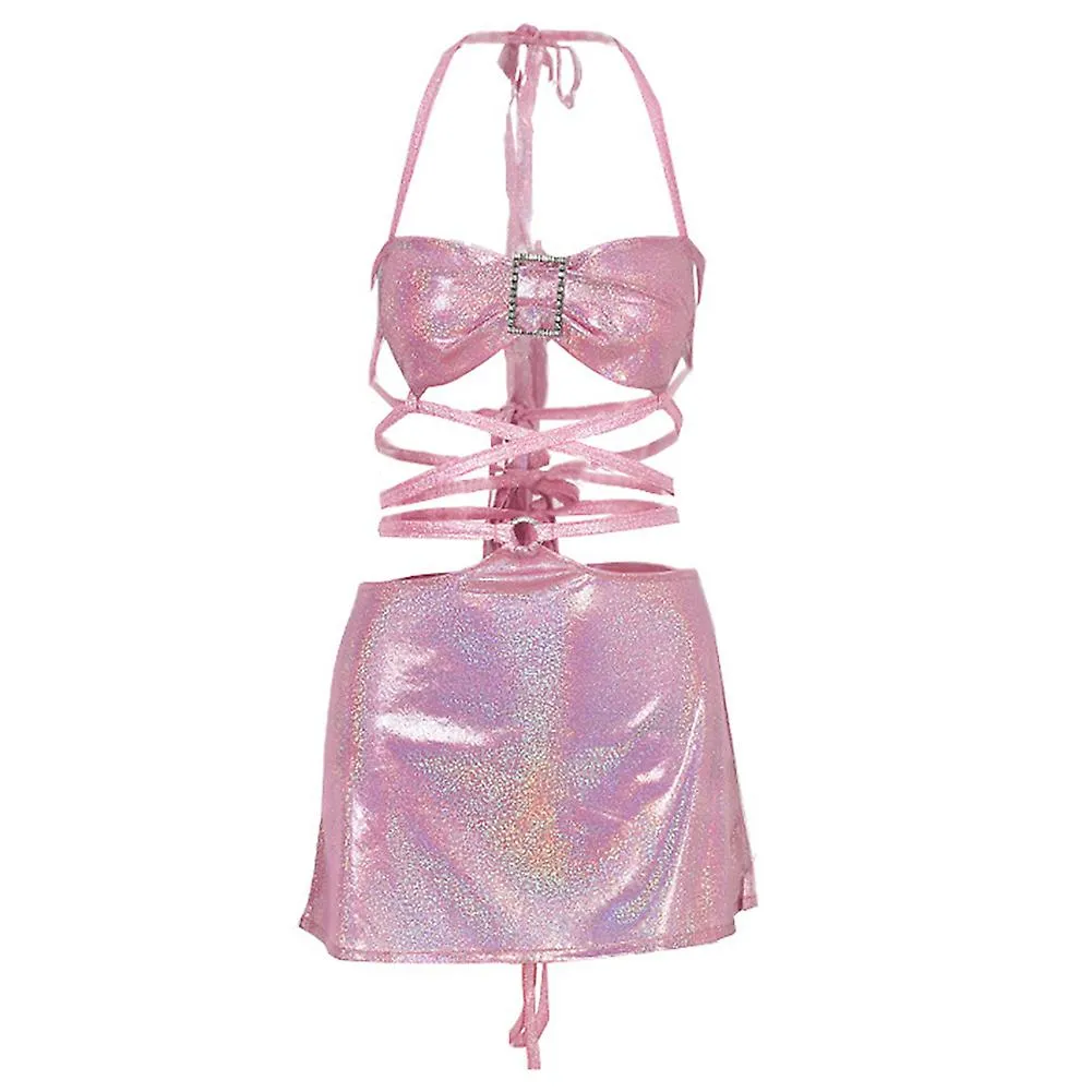 Shiny Silk Halter Back And Umbilical Skirt Crop Top Two Piece Set Pink Backless Mini Sexy Dress